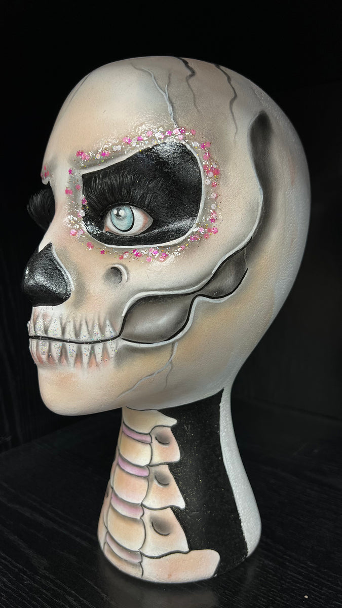 Mardi Gras Sugar Skull Day of the Dead Foam Mannequin Head. Hand Painted  With Jewels and Lashes. 